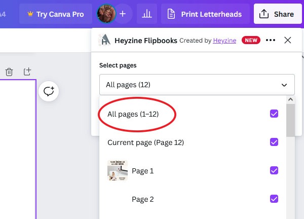 Sélectionne toutes les pages dans Canva